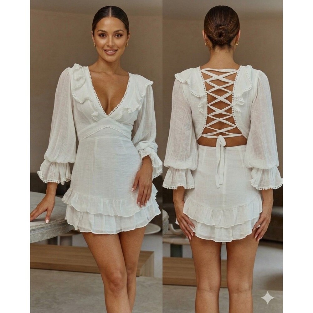 Saints + Secrets White Mini Dress Lace Up Back Ruffle Boho Bridal Shower Sz M 10
